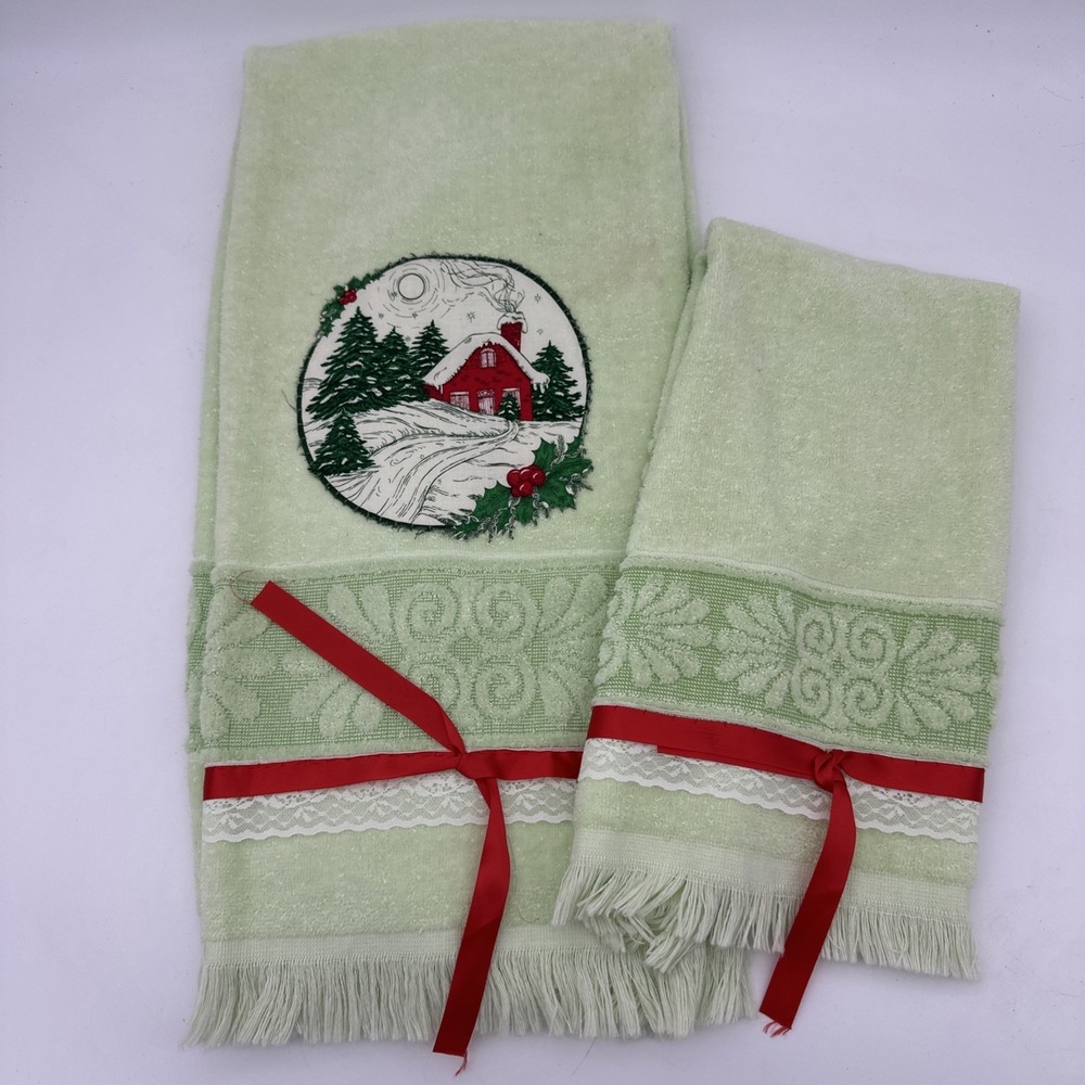 Vtg 60s CANNON Monticello "Tis the Season" Christmas Bath & Hand Towel Green Red